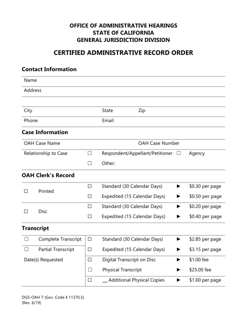 Form DGS OAH7 Certified Administrative Record Order - California