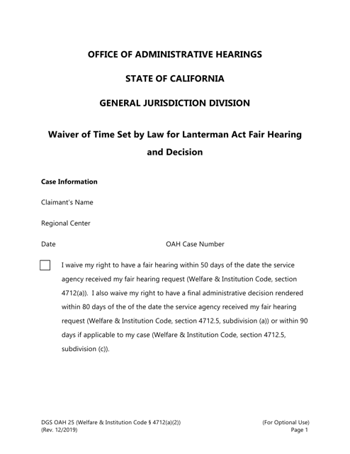 Form DGS OAH25 Waiver of Time Set by Law for Lanterman Act Fair Hearing and Decision - California
