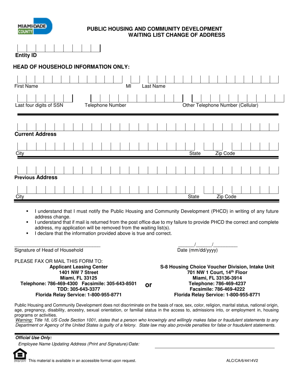 Waiting List Change of Address - Miami-Dade County, Florida, Page 1