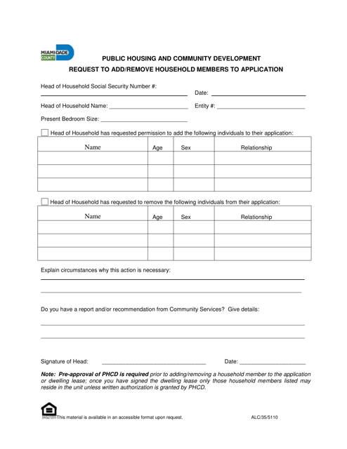 Request to Add / Remove Household Members to Application - Miami-Dade County, Florida Download Pdf