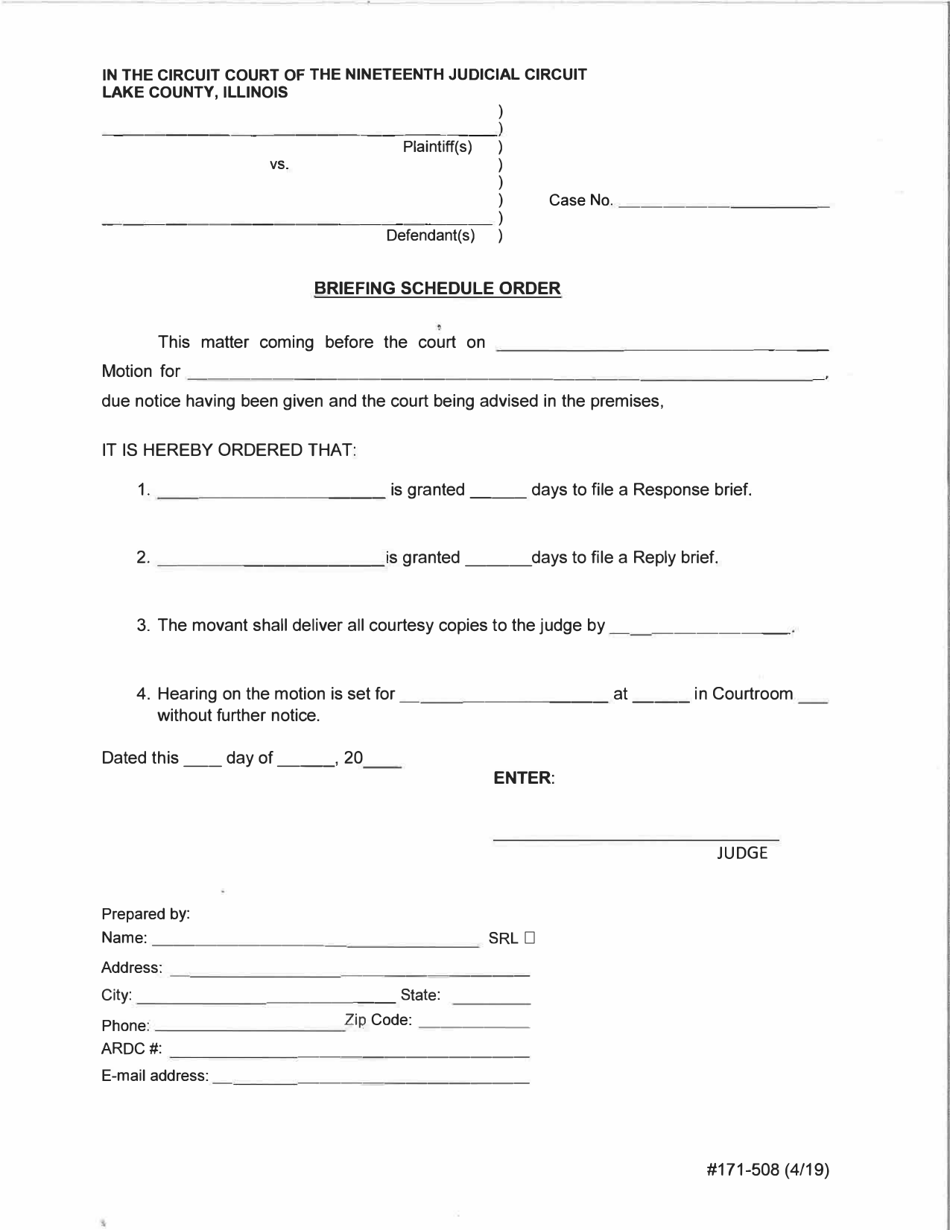 Form 171-508 Briefing Schedule Order - Lake County, Illinois, Page 1