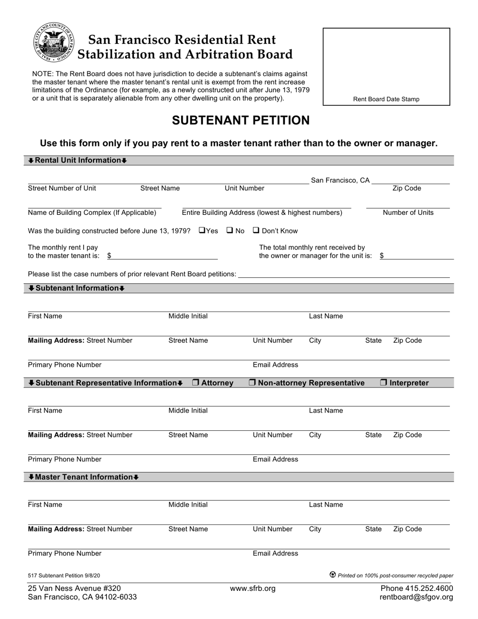 Form 517 Subtenant Petition - City and County of San Francisco, California, Page 1