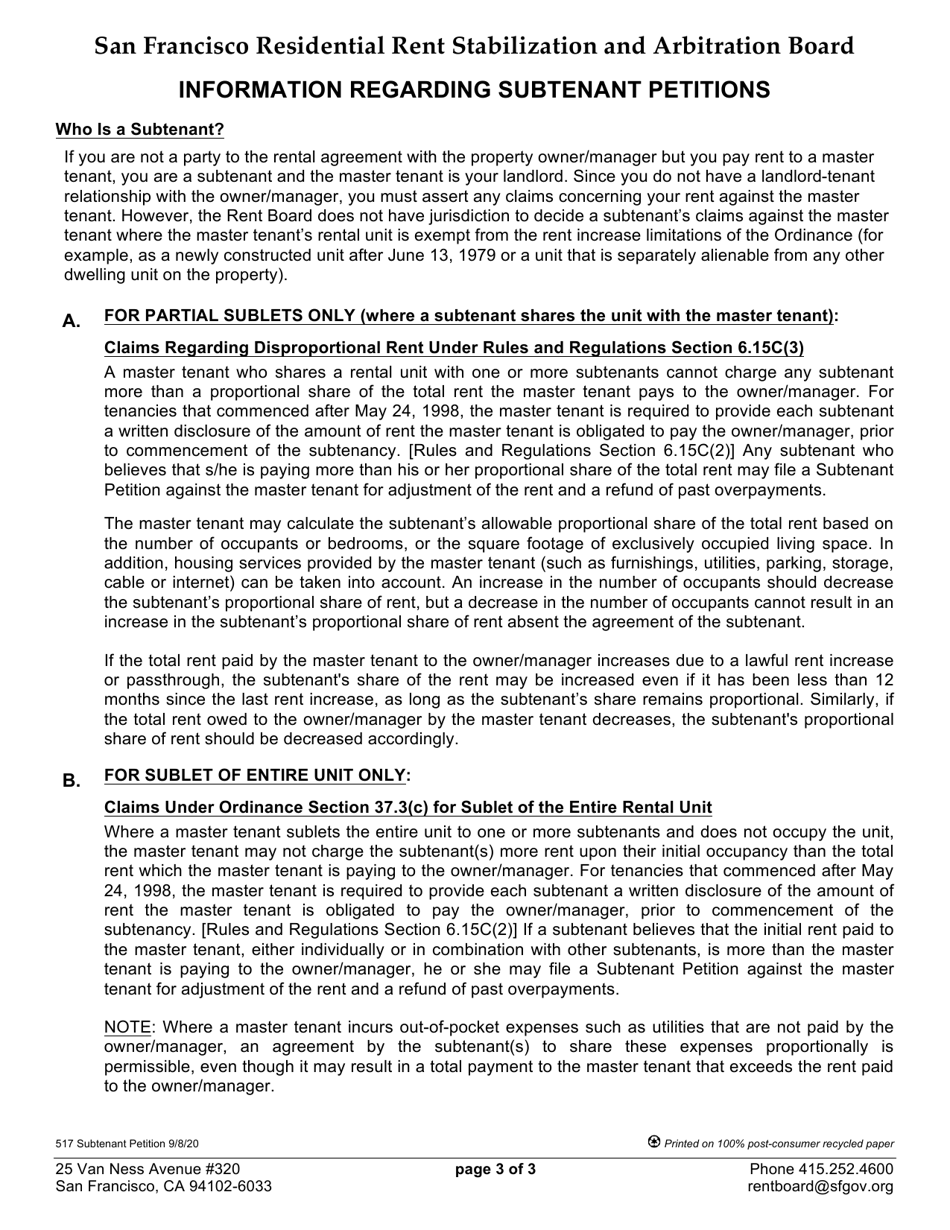 Form 517 Subtenant Petition - City and County of San Francisco, California, Page 3