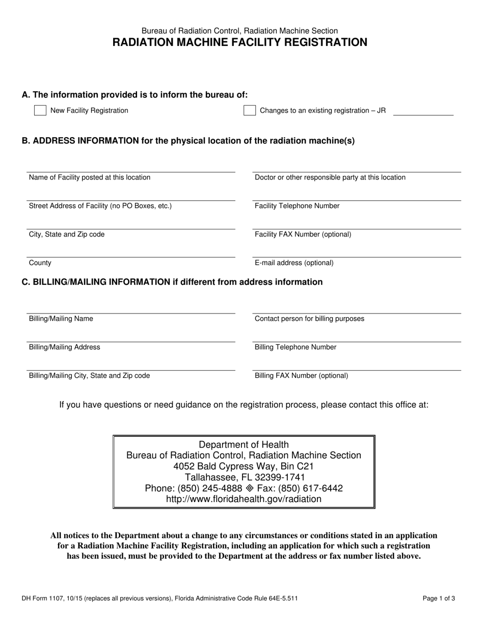 DH Form 1107 Radiation Machine Facility Registration - Florida, Page 1