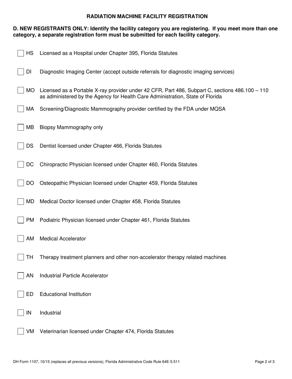 DH Form 1107 Radiation Machine Facility Registration - Florida, Page 2