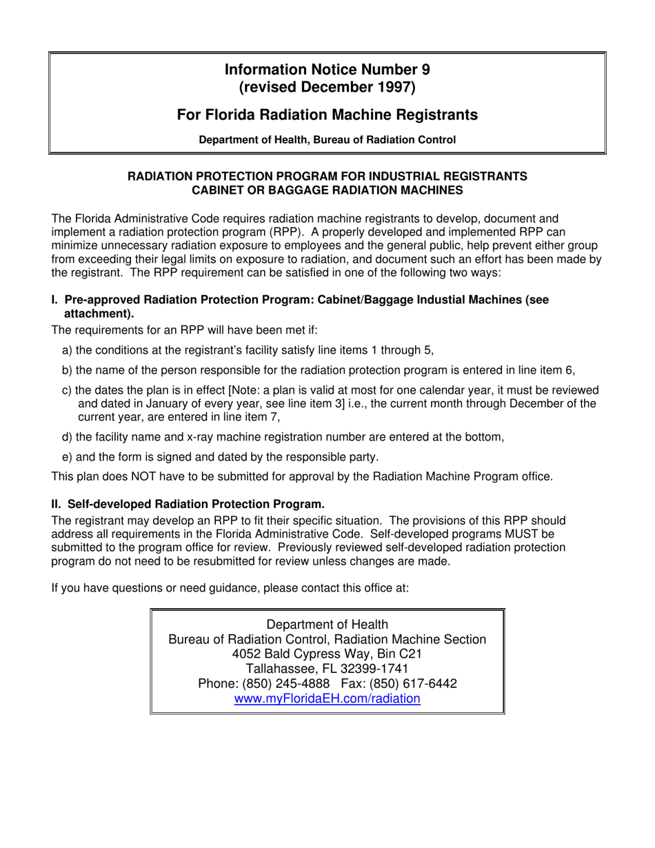 Radiation Protection Program for Industrial Registrants Cabinet or Baggage Radiation Machines - Florida, Page 1