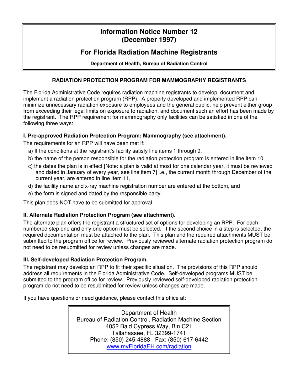 Radiation Protection Program for Mammography Registrants - Florida, Page 1