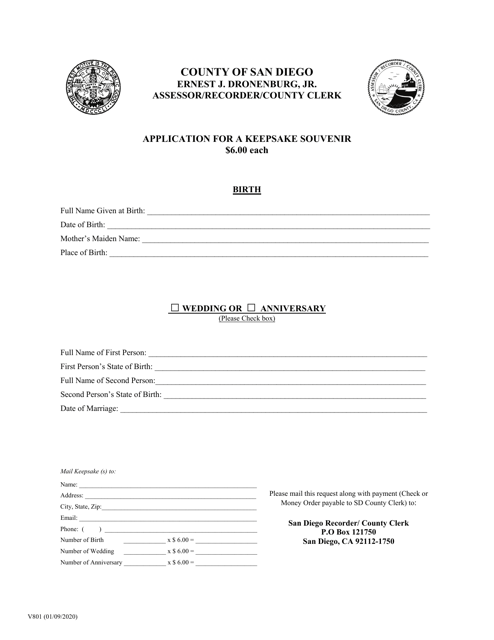 Form V801 Application for a Keepsake Souvenir - County of San Diego, California