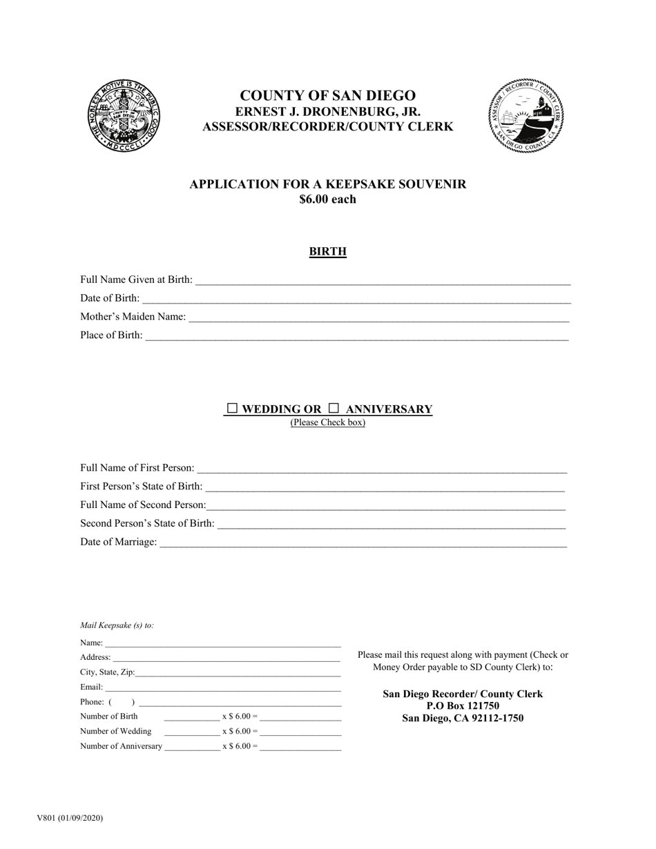 Form V801 Application for a Keepsake Souvenir - County of San Diego, California, Page 1