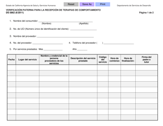 Document preview: Formulario DS5862 Verificacion Paterna Para La Recepcion De Terapias De Comportamiento - California (Spanish)