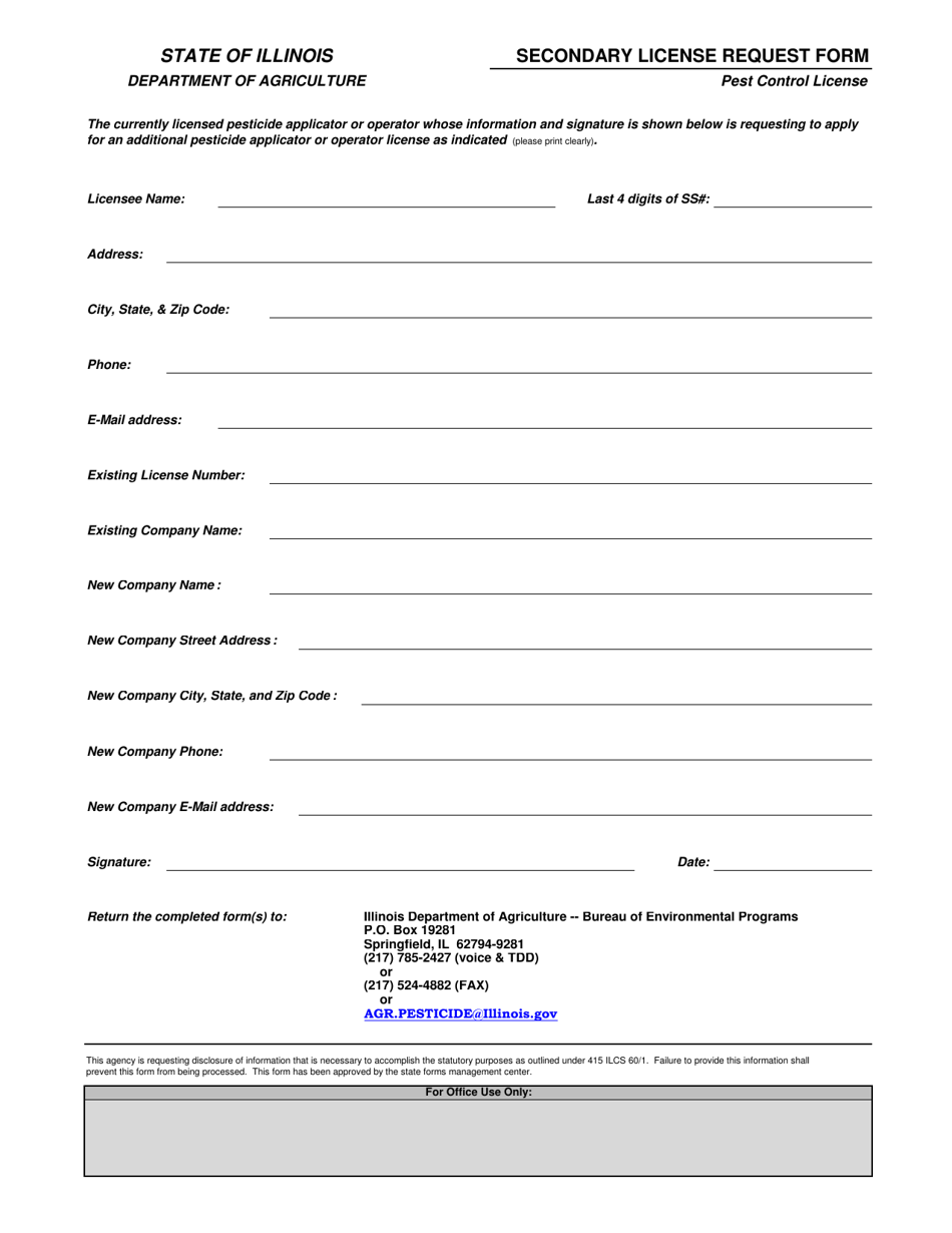 Secondary License Request Form - Pest Control License - Illinois, Page 1