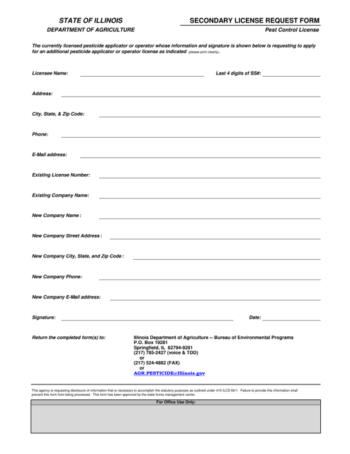 Secondary License Request Form - Pest Control License - Illinois Download Pdf