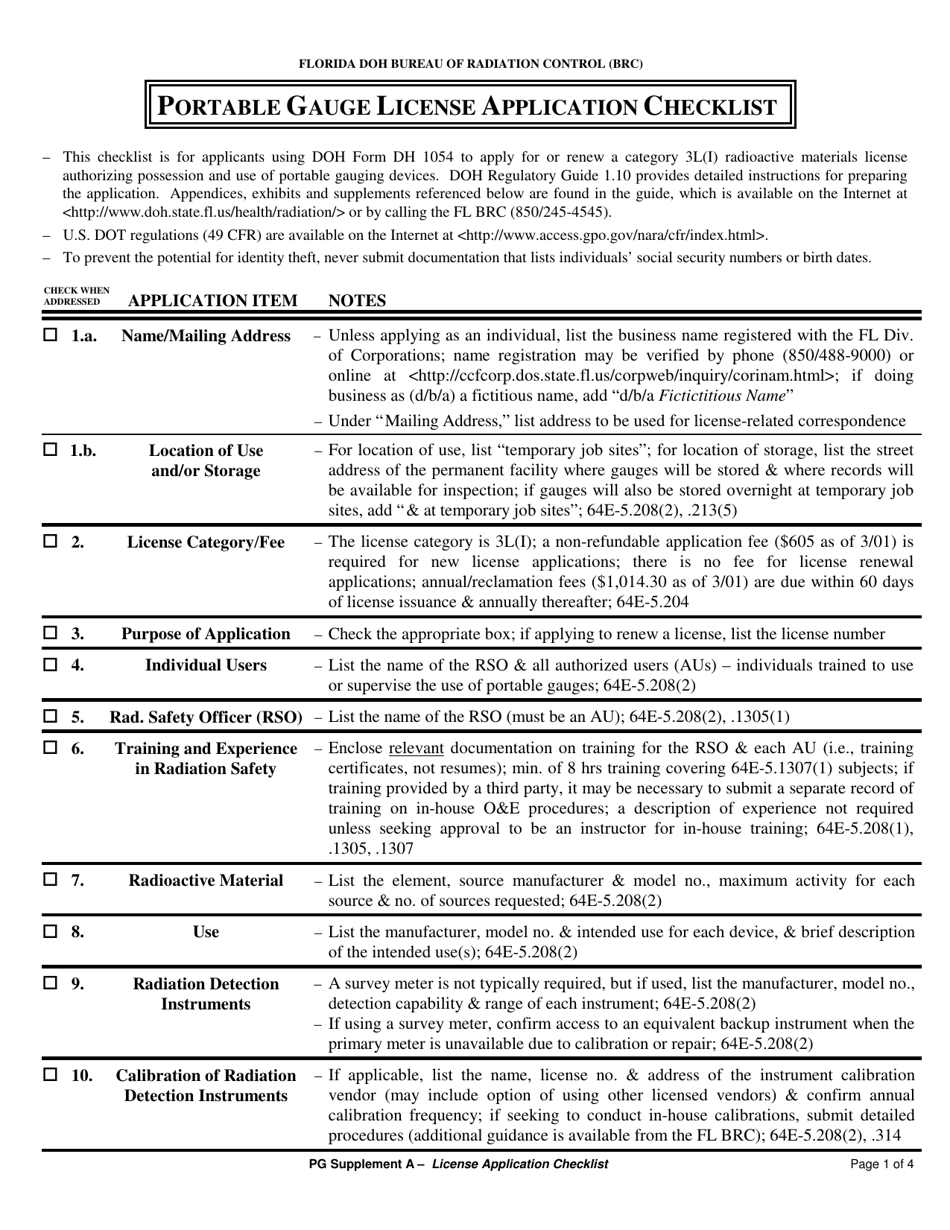 Supplement A Portable Gauge License Application Checklist - Florida, Page 1