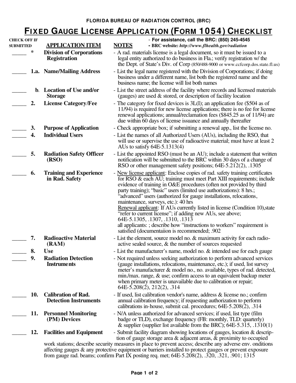Fixed Gauge License Application Checklist - Florida, Page 1