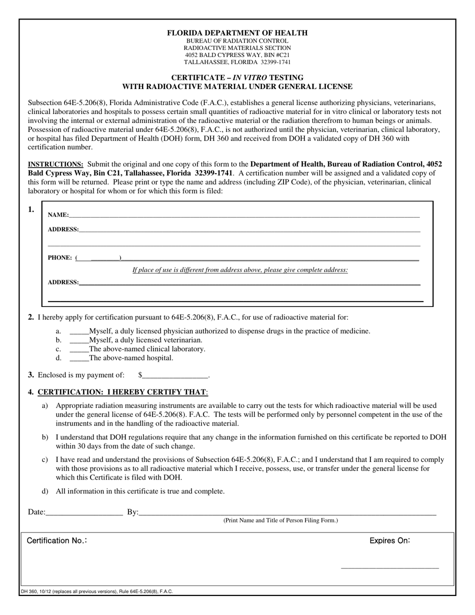 Form DH360 Certificate - in Vitro Testing With Radioactive Material Under General License - Florida, Page 1