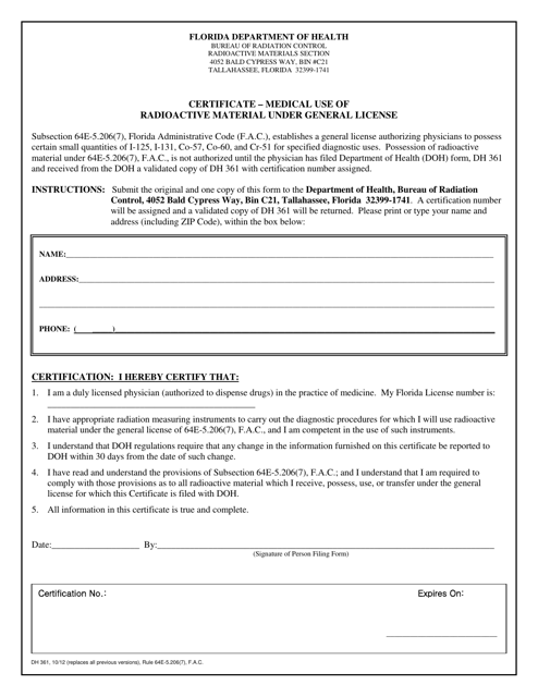 Form DH361 Certificate - Medical Use of Radioactive Material Under General License - Florida