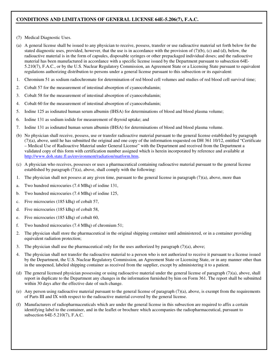 Form DH361 Certificate - Medical Use of Radioactive Material Under General License - Florida, Page 2