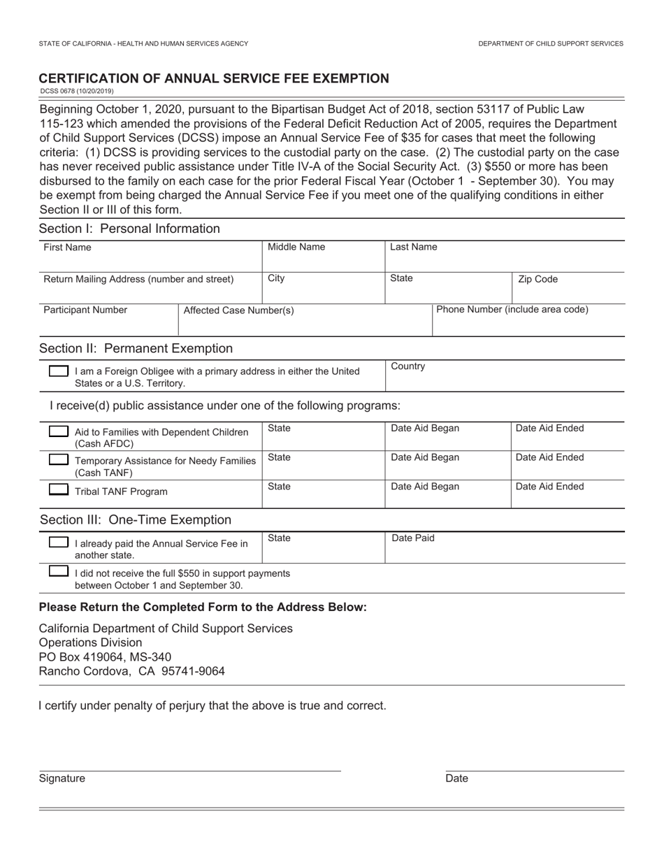 Form Dcss0678 Download Fillable Pdf Or Fill Online Certification Of Annual Service Fee Exemption 6621