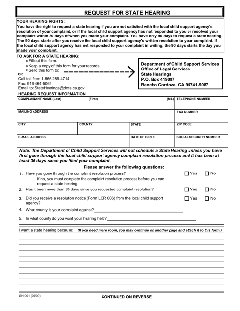 Form SH001 Request for State Hearing - California