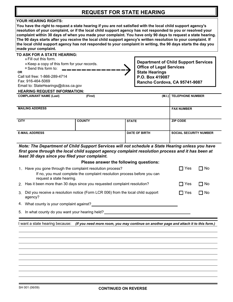 Form SH001 Request for State Hearing - California, Page 1