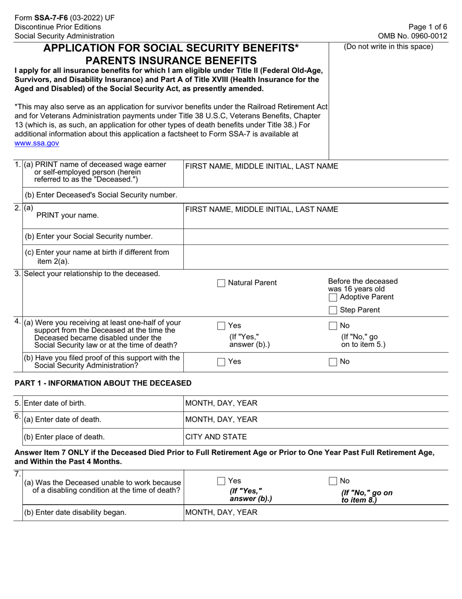 Form SSA-7-F6 Application for Parents Insurance Benefits, Page 1