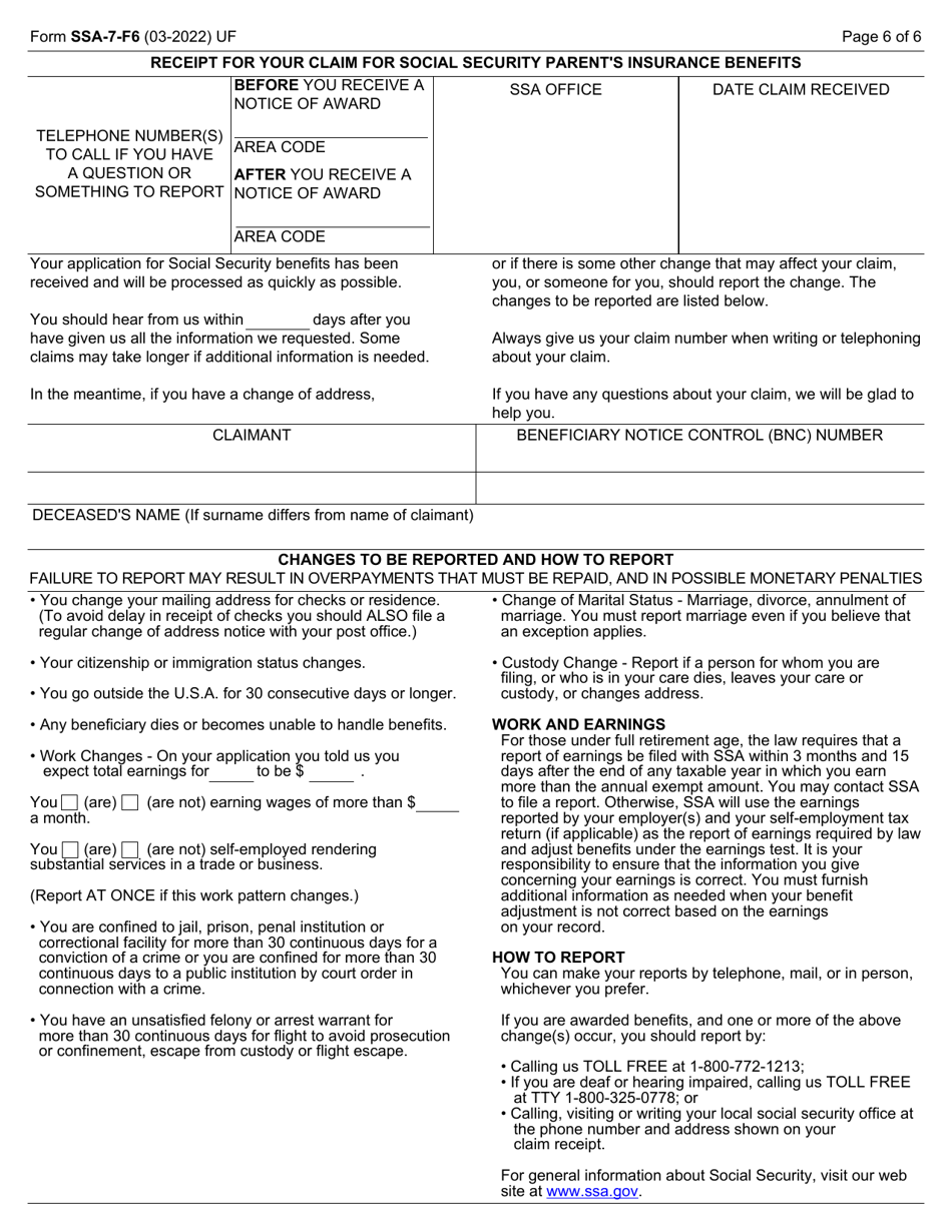 Form SSA-7-F6 Application for Parents Insurance Benefits, Page 6