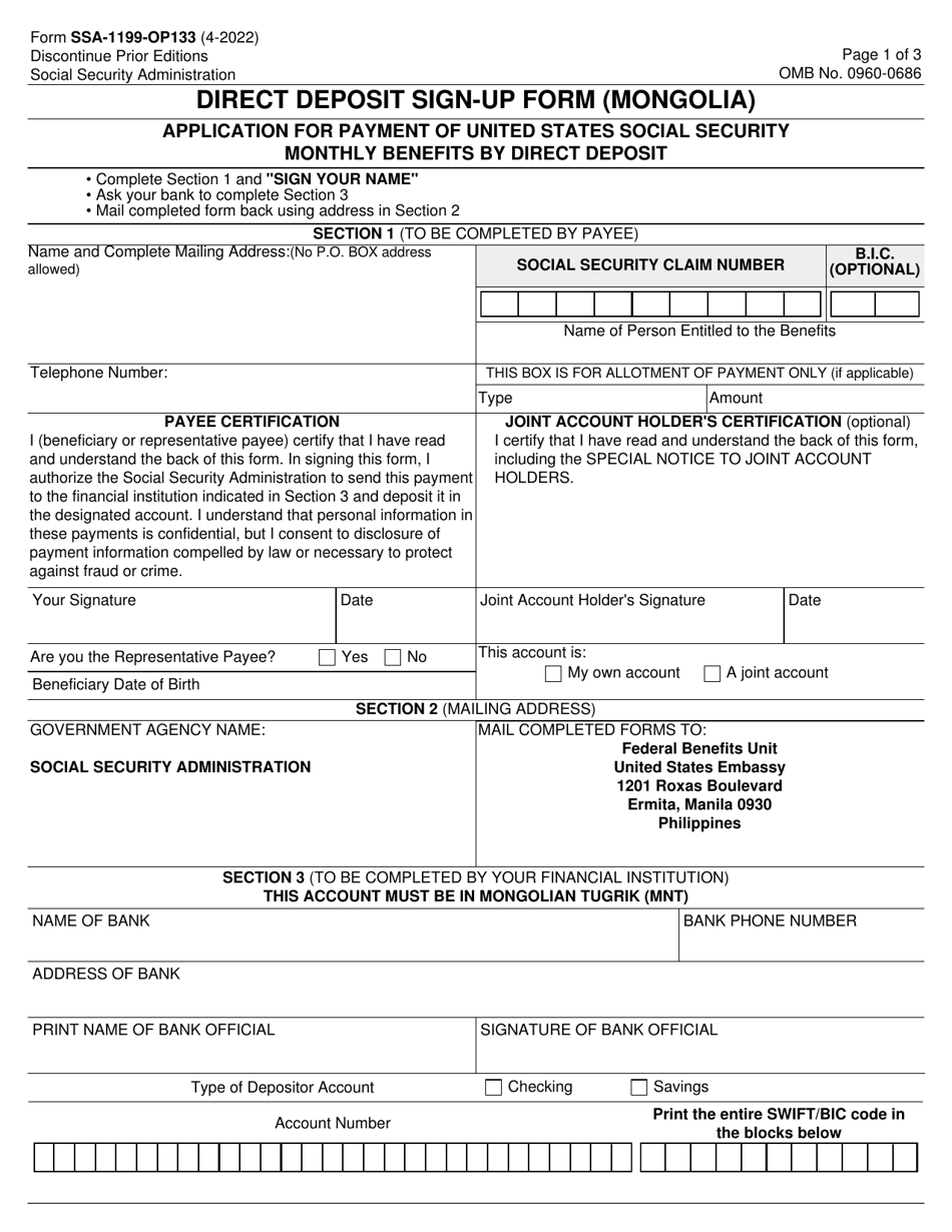 Form SSA-1199-OP133 Direct Deposit Sign-Up Form (Mongolia), Page 1