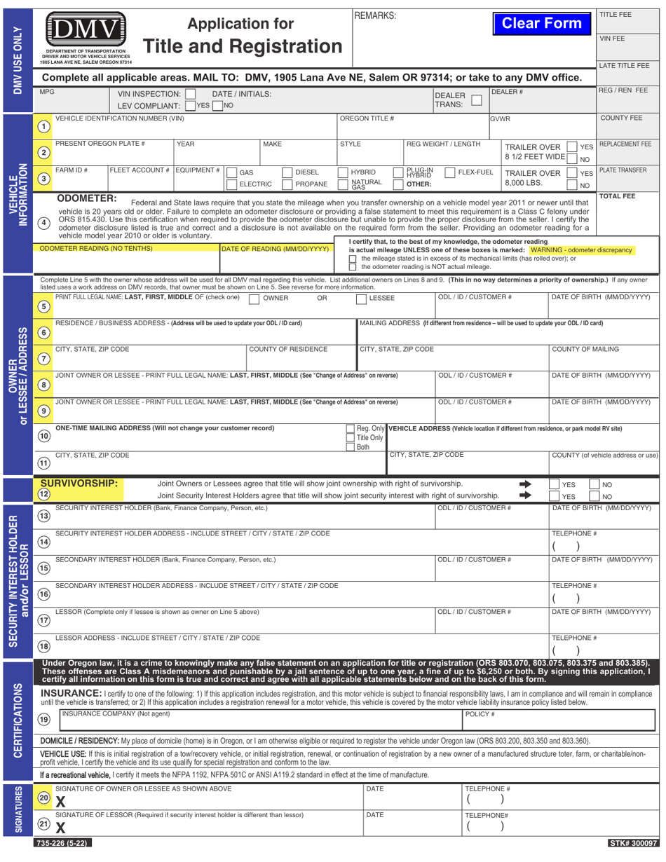 Form 735-226 Application for Title and Registration - Oregon, Page 1