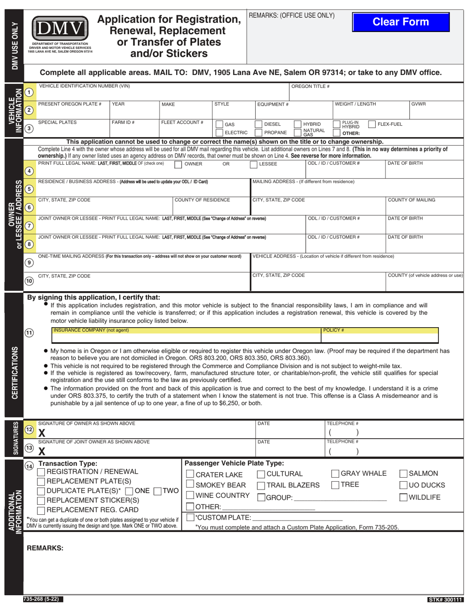 Form 735-268 Application for Registration, Renewal, Replacement or Transfer of Plates and / or Sticker - Oregon, Page 1
