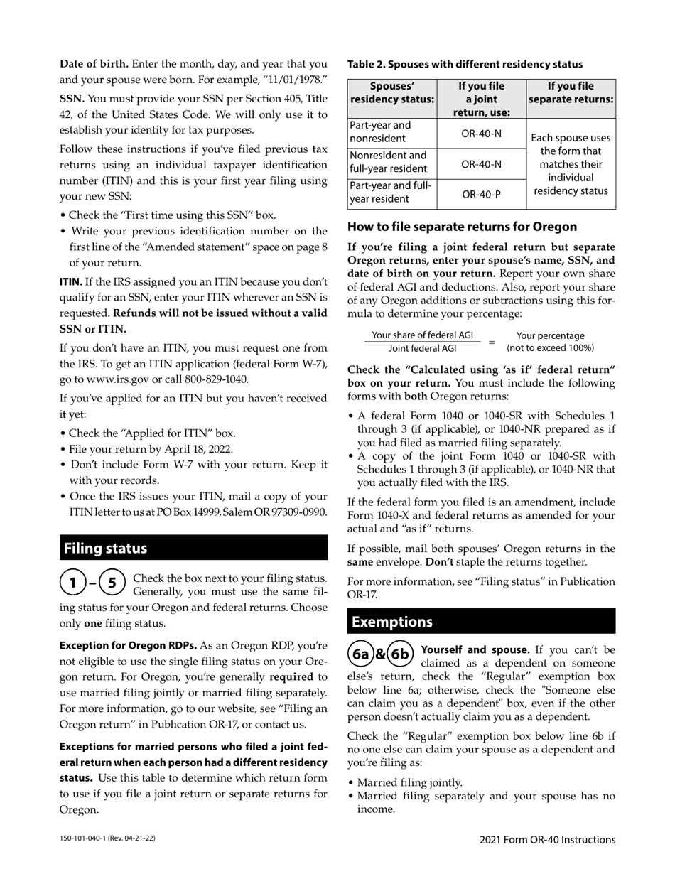 Instructions for Form OR-40, 150-101-040 Oregon Individual Income Tax Return for Full-Year Residents - Oregon, Page 10