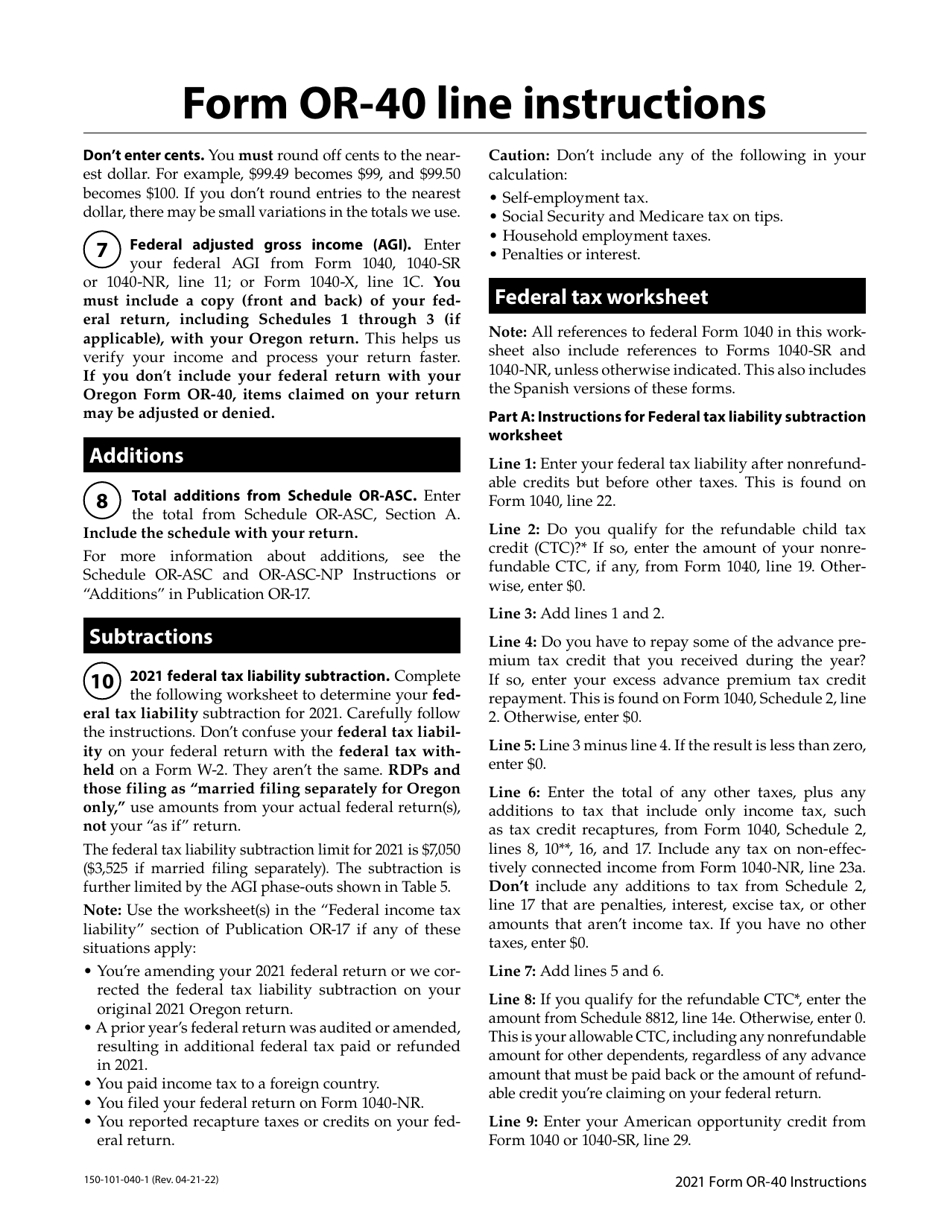Instructions for Form OR-40, 150-101-040 Oregon Individual Income Tax Return for Full-Year Residents - Oregon, Page 13