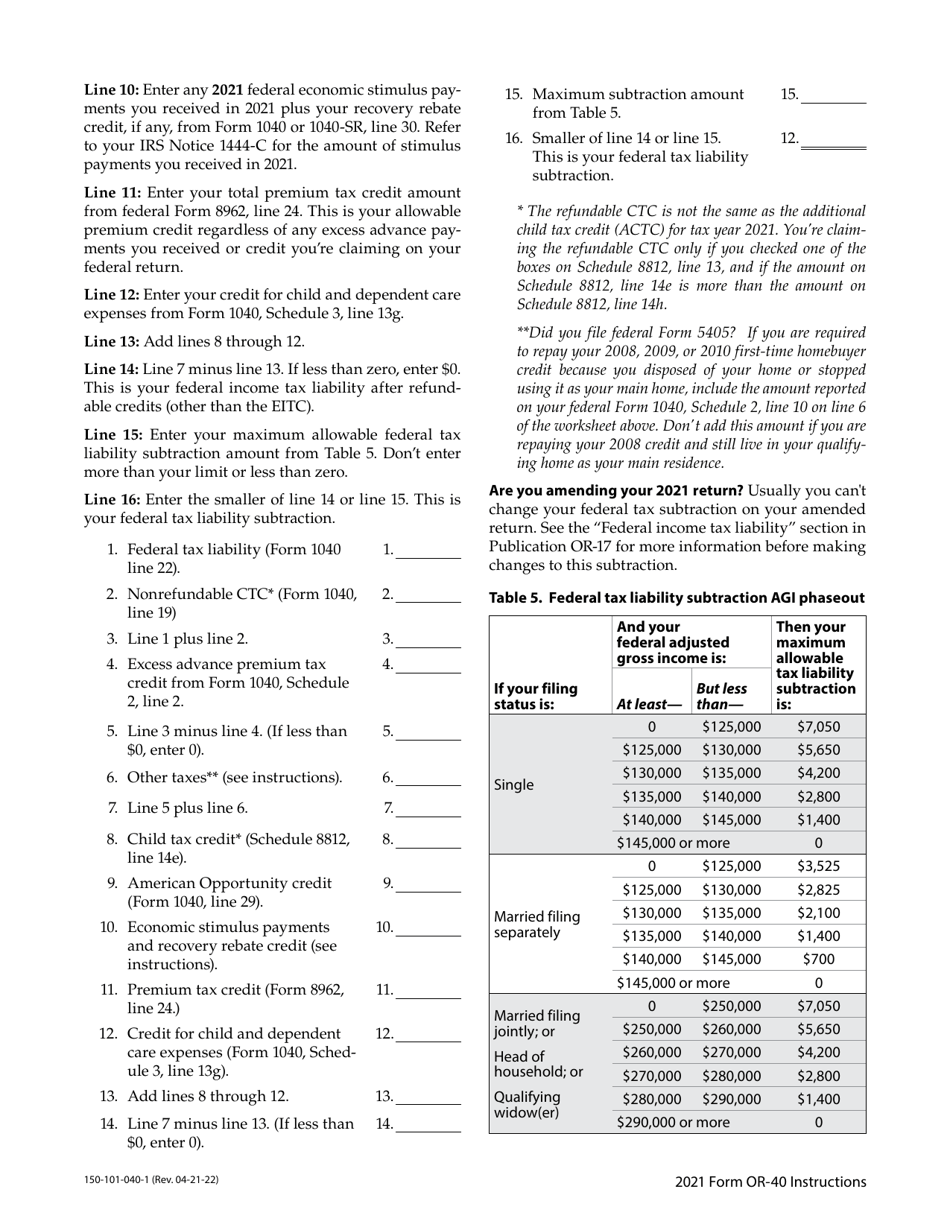 Instructions for Form OR-40, 150-101-040 Oregon Individual Income Tax Return for Full-Year Residents - Oregon, Page 14