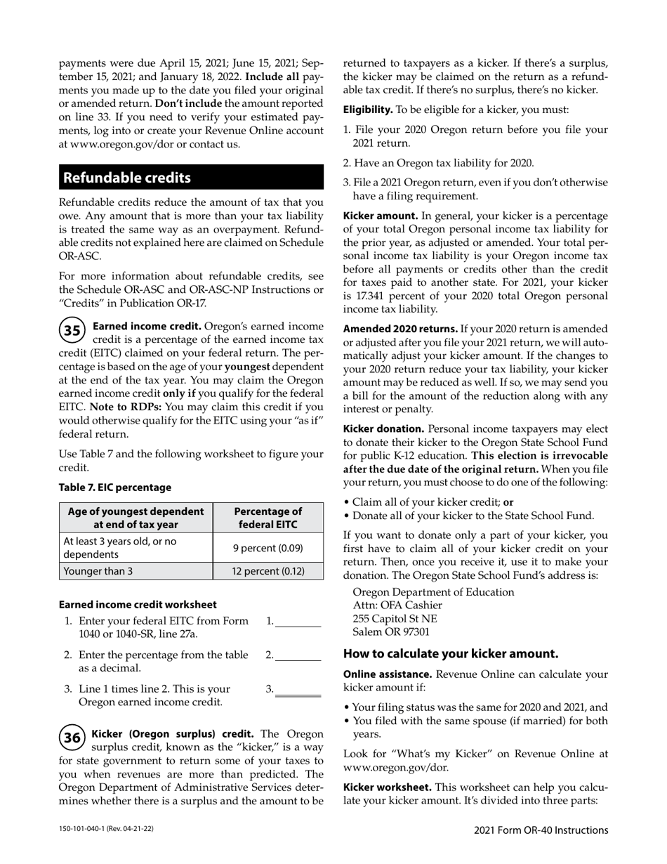 Instructions for Form OR-40, 150-101-040 Oregon Individual Income Tax Return for Full-Year Residents - Oregon, Page 18