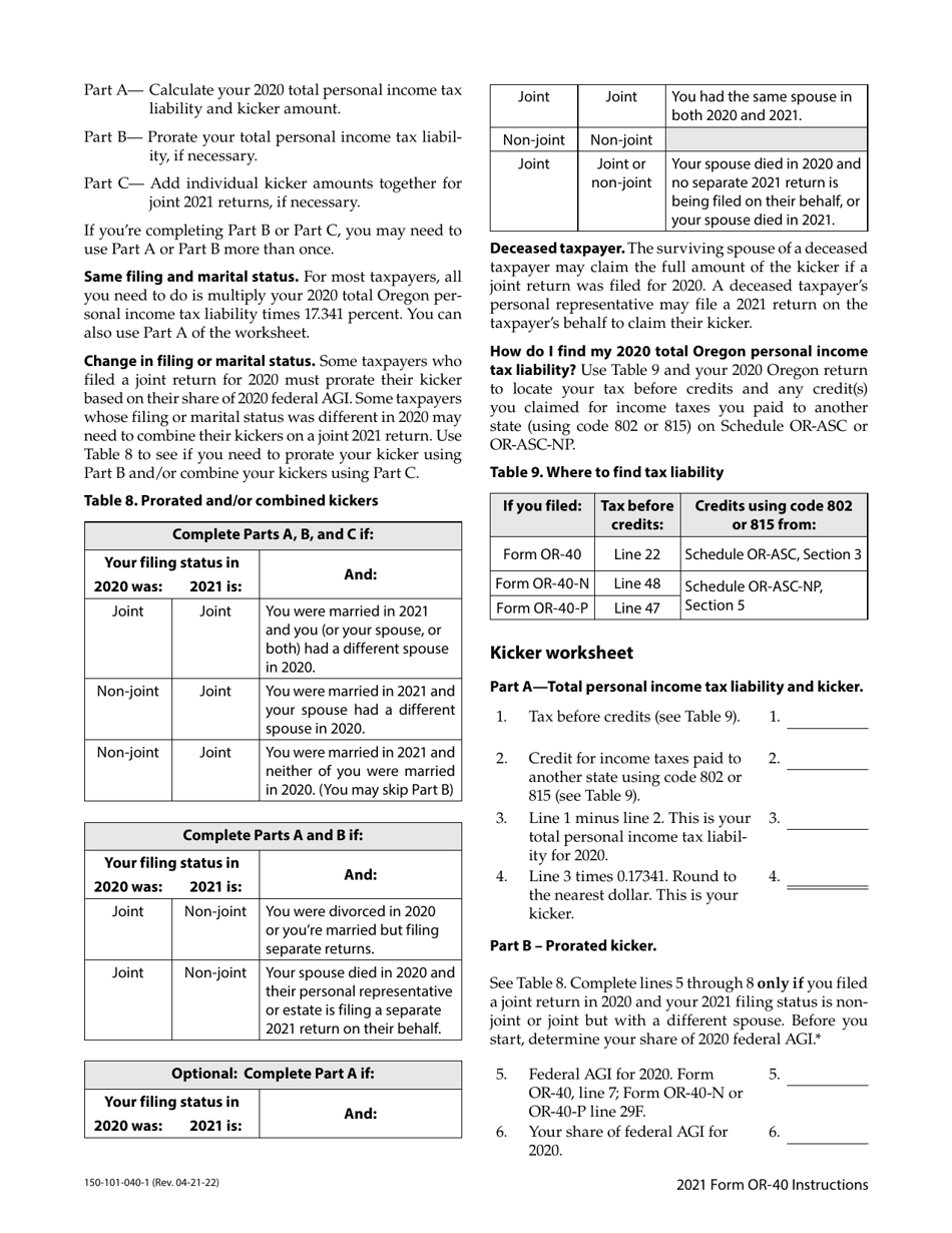 Instructions for Form OR-40, 150-101-040 Oregon Individual Income Tax Return for Full-Year Residents - Oregon, Page 19