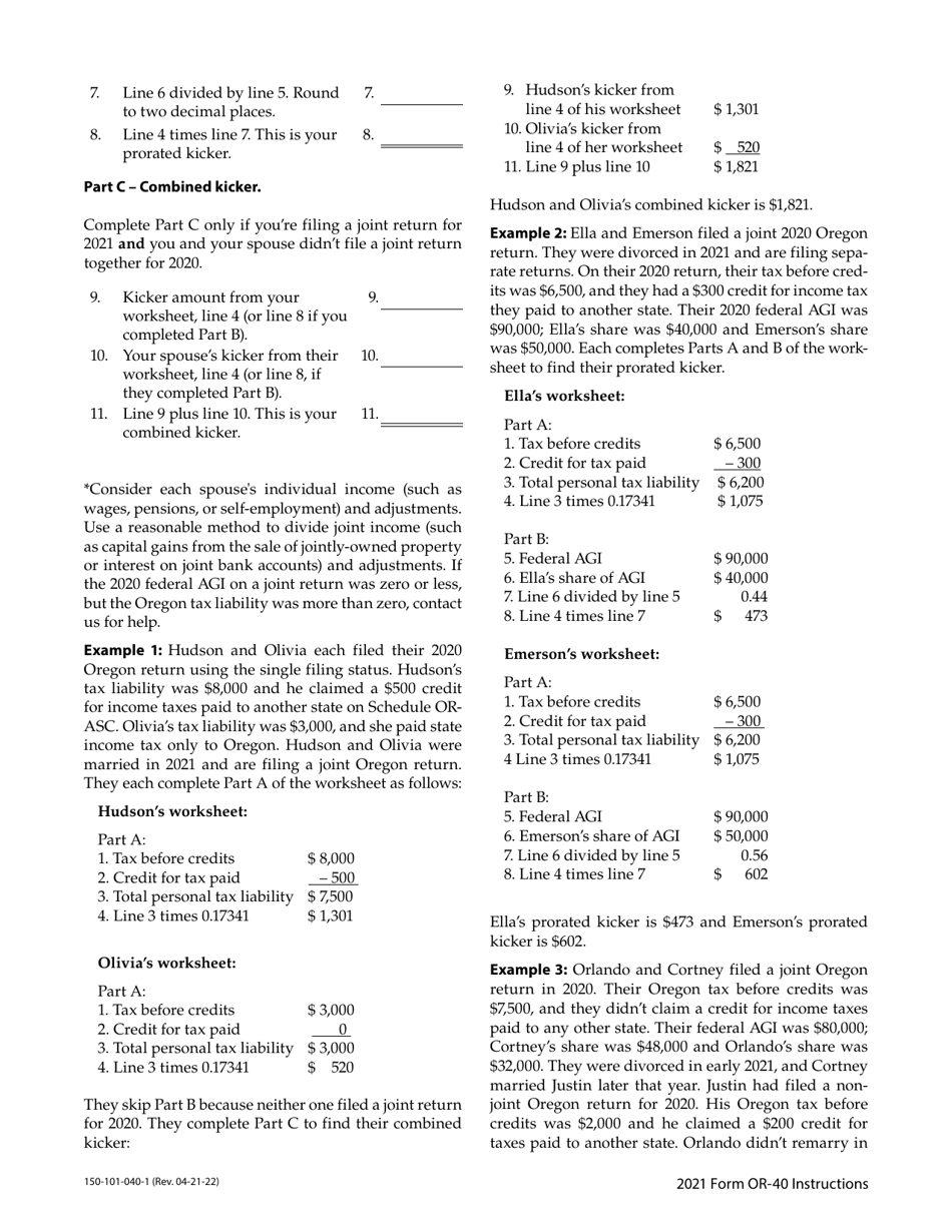 Instructions for Form OR-40, 150-101-040 Oregon Individual Income Tax Return for Full-Year Residents - Oregon, Page 20