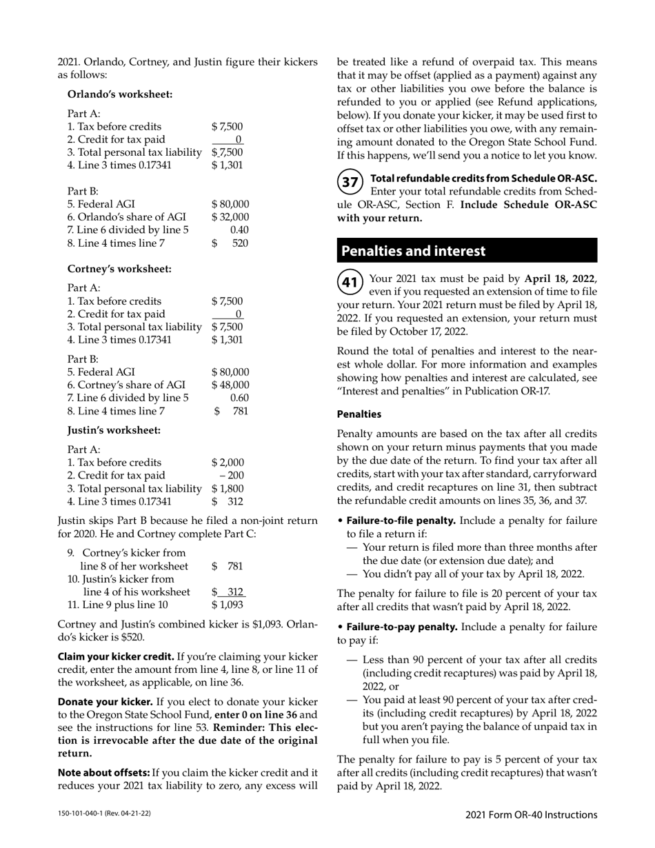 Instructions for Form OR-40, 150-101-040 Oregon Individual Income Tax Return for Full-Year Residents - Oregon, Page 21