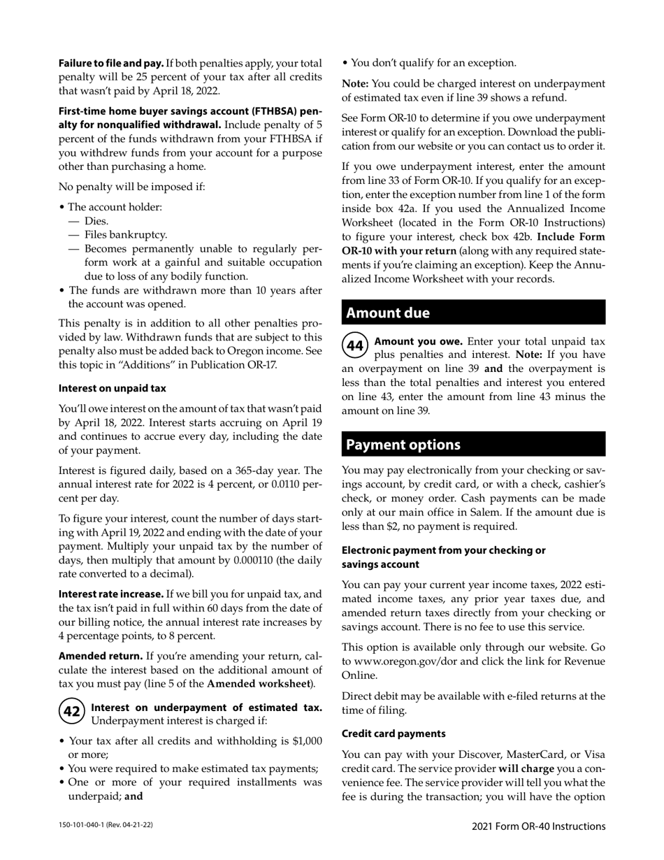 Instructions for Form OR-40, 150-101-040 Oregon Individual Income Tax Return for Full-Year Residents - Oregon, Page 22