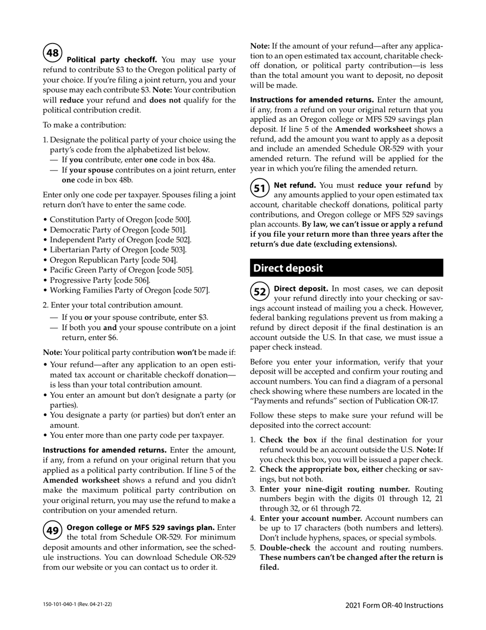Instructions for Form OR-40, 150-101-040 Oregon Individual Income Tax Return for Full-Year Residents - Oregon, Page 24
