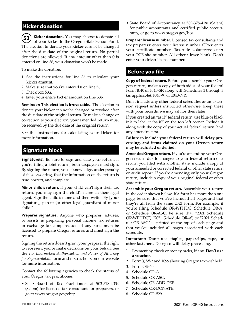 Instructions for Form OR-40, 150-101-040 Oregon Individual Income Tax Return for Full-Year Residents - Oregon, Page 25