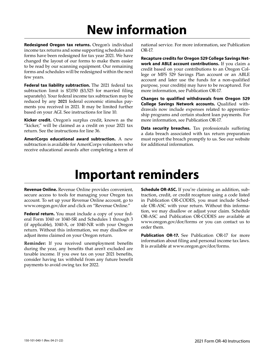 Instructions for Form OR-40, 150-101-040 Oregon Individual Income Tax Return for Full-Year Residents - Oregon, Page 4