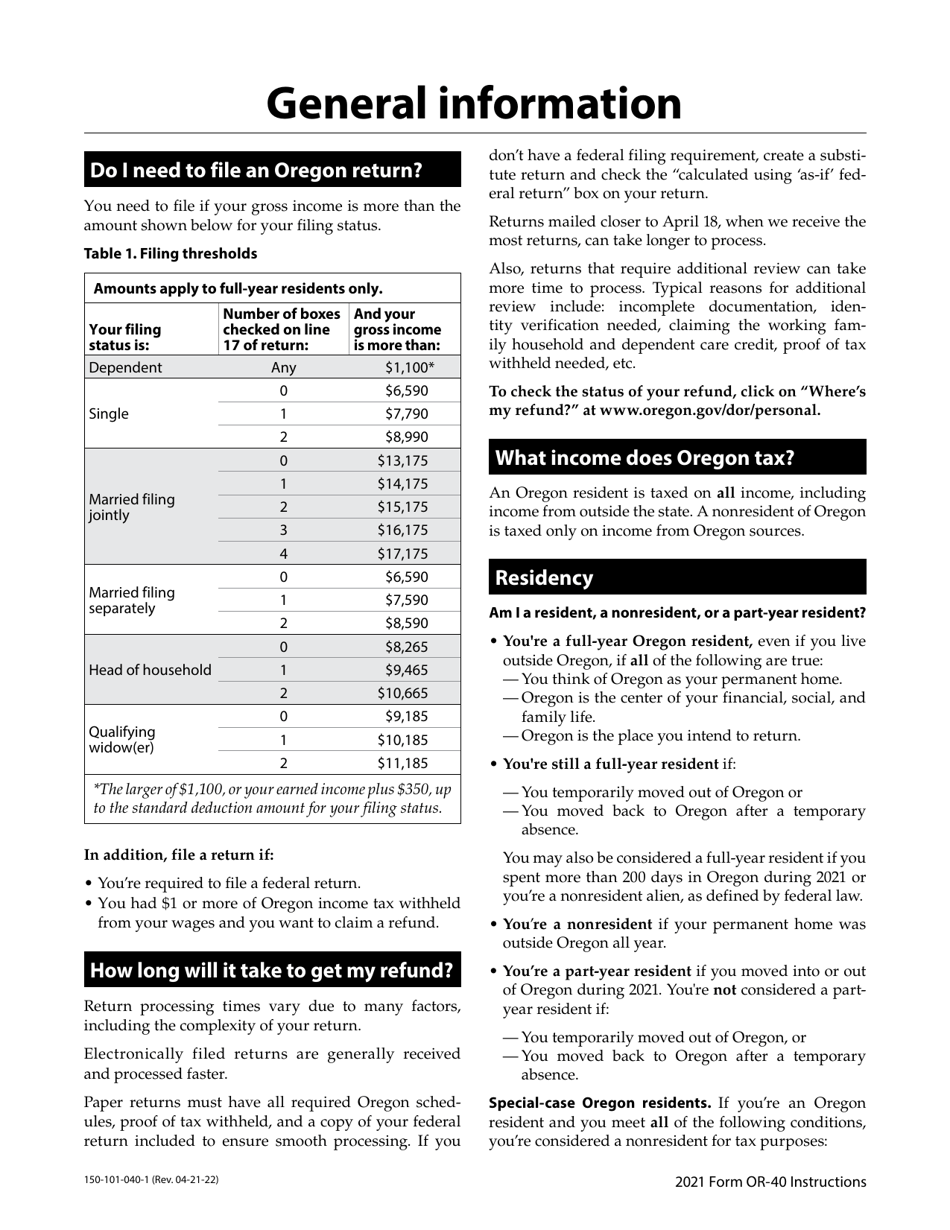 Instructions for Form OR-40, 150-101-040 Oregon Individual Income Tax Return for Full-Year Residents - Oregon, Page 5