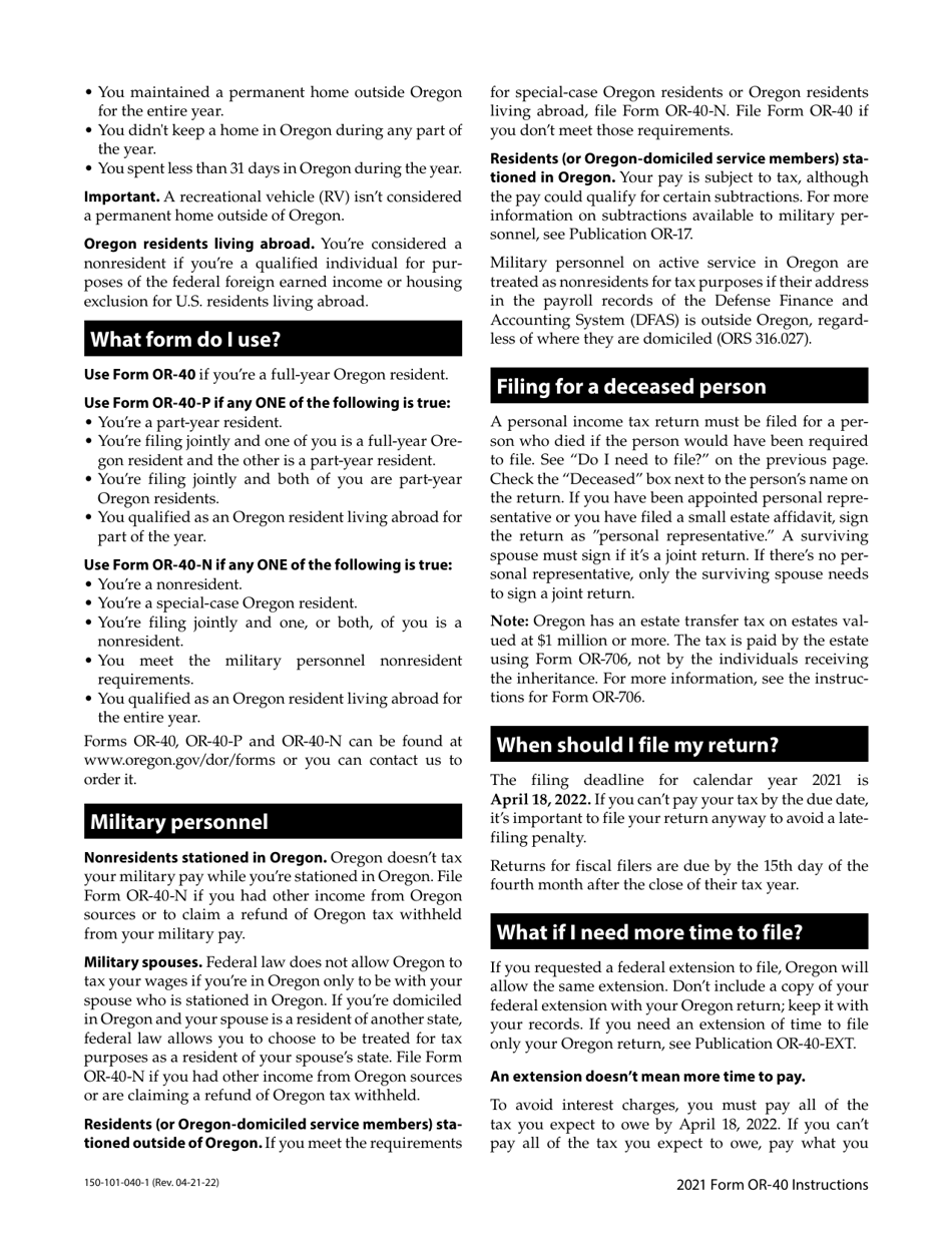 Instructions for Form OR-40, 150-101-040 Oregon Individual Income Tax Return for Full-Year Residents - Oregon, Page 6