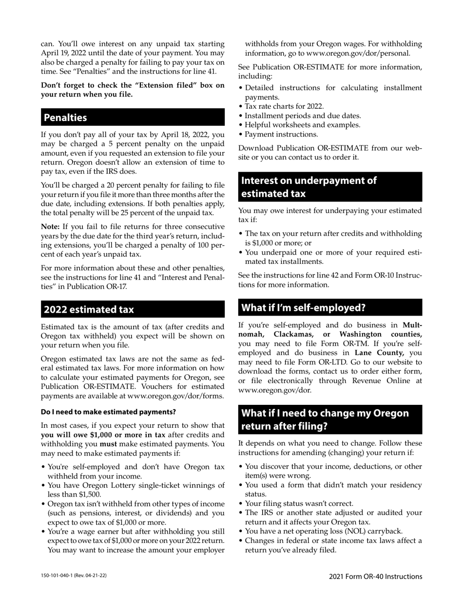 Instructions for Form OR-40, 150-101-040 Oregon Individual Income Tax Return for Full-Year Residents - Oregon, Page 7
