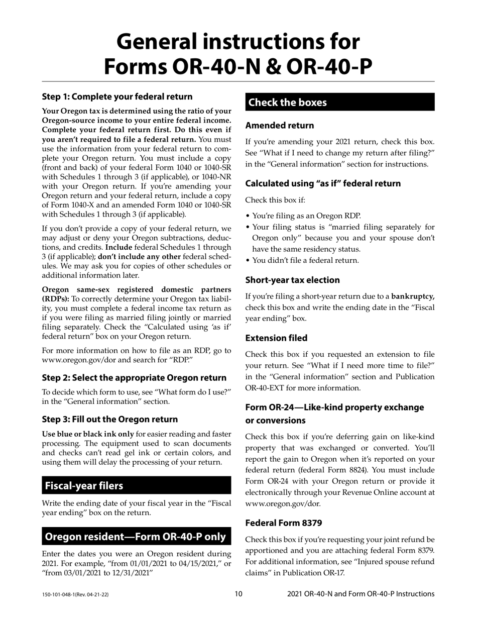 Instructions for Form OR-40-N, OR-40-P, 150-101-048, 150-101-055 - Oregon, Page 10