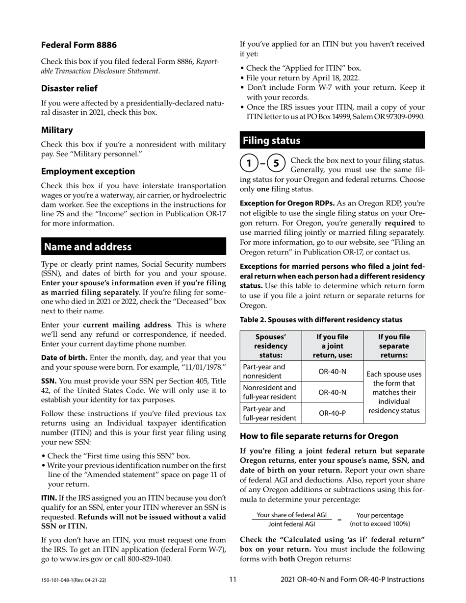 Instructions for Form OR-40-N, OR-40-P, 150-101-048, 150-101-055 - Oregon, Page 11