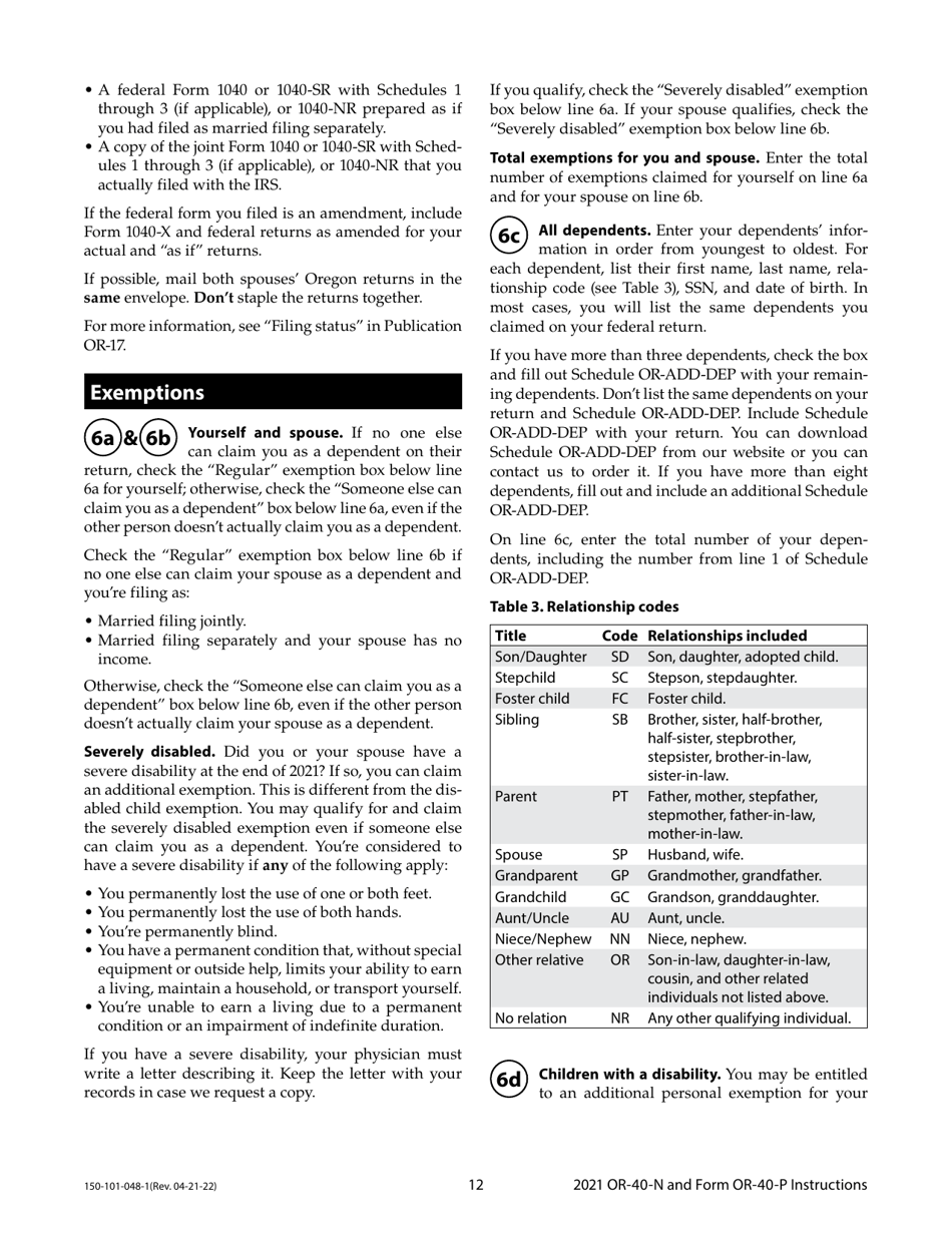 Instructions for Form OR-40-N, OR-40-P, 150-101-048, 150-101-055 - Oregon, Page 12