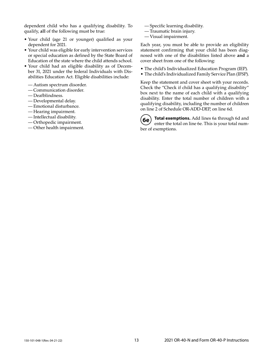 Instructions for Form OR-40-N, OR-40-P, 150-101-048, 150-101-055 - Oregon, Page 13