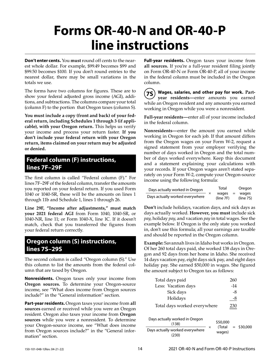 Instructions for Form OR-40-N, OR-40-P, 150-101-048, 150-101-055 - Oregon, Page 14