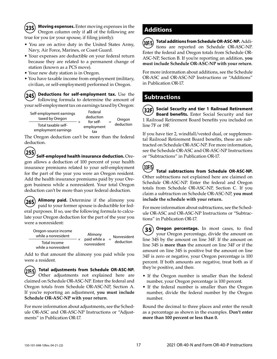 Instructions for Form OR-40-N, OR-40-P, 150-101-048, 150-101-055 - Oregon, Page 17
