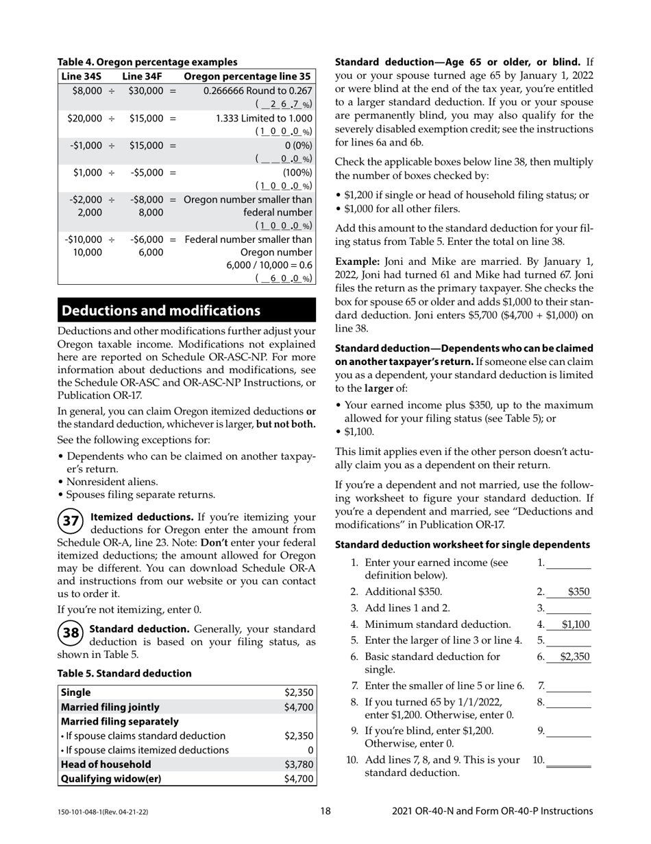 Instructions for Form OR-40-N, OR-40-P, 150-101-048, 150-101-055 - Oregon, Page 18